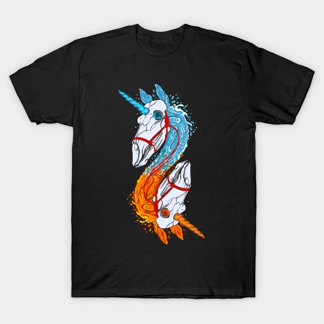 Elemental Divergence Double Skull Unicorn T-Shirt by NonDecafArt